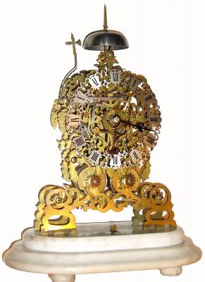 C.1870, English, 2-Fusee Skeleton Clock, less dome, with unusual 2-bell quarter strike, fretted dial and fancy cocks. — Antique Clocks Price Guide