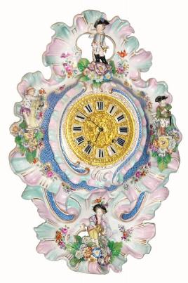 C.1890, French, Porcelain China wall clock, with 8-day bell strike movement with silk thread suspension. — Antique Clocks Price Guide