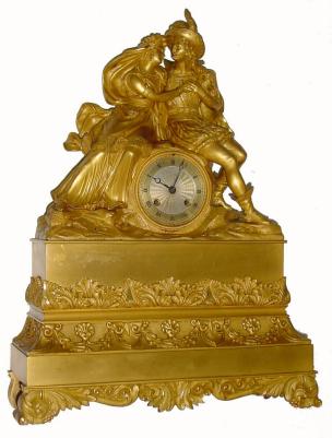 C.1830, French Ormolu Figural clock, depicting two 18th century lovers, the unsigned silk susp movement with countwheel striking on a bell, and with old pendulum. — Antique Clocks Price Guide