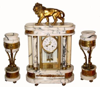 C.1900, French, Large clock set, Brass and marble crystal regulator with side garnitures. — Antique Clocks Price Guide