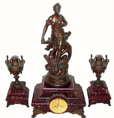 C.1896, French, Japy Freres, 8-day time/strike marble figural clock and garniture set. — Antique Clocks Price Guide