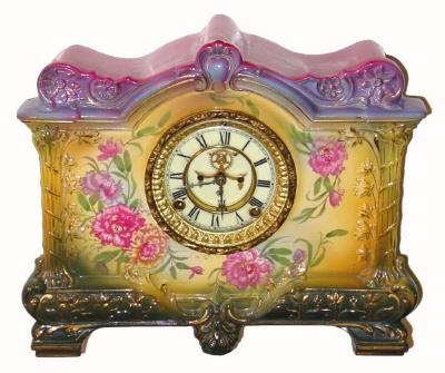 C.1914, Ansonia LA PALMA, Royal Bonn, porcelain china clock with open escapement. — Antique Clocks Price Guide