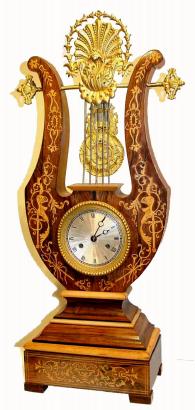 C.1880, French, LYRE FORM mantel clock, in rosewood with satinwood inlay. — Antique Clocks Price Guide