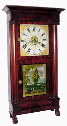 C.1840, Silas Burnham Terry, Plymouth, Conn, large brass works 8-day full column and cornice shelf clock with paw feet. — Antique Clocks Price Guide