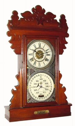 C.1894, Charles W. Feishtinger, Fritztown, PA, double dial kitchen calendar clock in walnut, 8-day time and strike. — Antique Clocks Price Guide