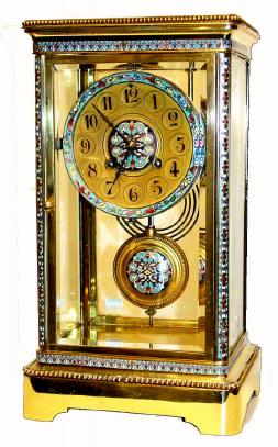 C.1910, French, 4-Glass Crystal Regulator, with cloisonne enamel accents on dial center, bezel, pendulum, case corners, and bands around the clock, top and bottom. — Antique Clocks Price Guide