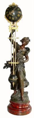 C.1900, French, Patinated Spelter Mystery Swinging Timepiece, female statue of Glannuse, on a painted faux shell base, bearing a plaque with the title of the statue and the artist. — Antique Clocks Price Guide