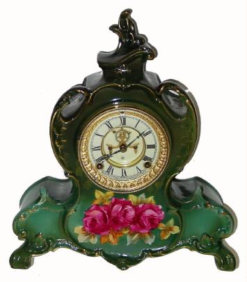 C.1904, Ansonia Clock Co., Royal Bonn, "La Vendee", porcelain mantel clock with open escapement dial. — Antique Clocks Price Guide