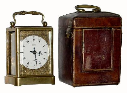 C.1845, French, Early Carriage Clock time and strike, with one piece brass case, for the Turkish market, with eastern numerals on dial, and travel case. — Antique Clocks Price Guide