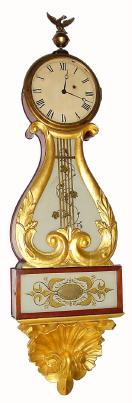 C.1830, Unsigned Mass area Lyre banjo, 8-day, weight driven. — Antique Clocks Price Guide