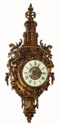 C.1880, French, Japy, Cast bronze cartel clock, 8-day time and strike, with multi color dial with red decorations between the numerals. — Antique Clocks Price Guide