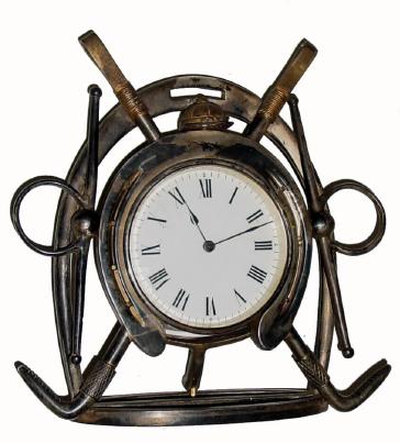 C.1900, French, 8-day novelty timepiece, silver-plated case with a polo motifs made for the English market. — Antique Clocks Price Guide