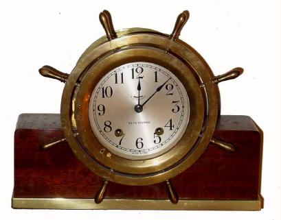 C.1950, Seth Thomas Clock Co., "Mayflower-3", 8-day time/strike 11-jeweled ship's bell clock. — Antique Clocks Price Guide