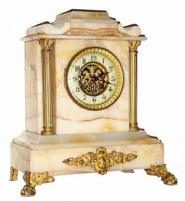 C.1900 Japy Freres, tan marble mantel clock ,8-day time/strike. — Antique Clocks Price Guide