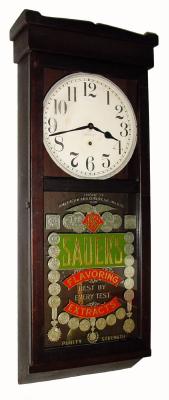 C.1910 New Haven Clock Co., "Sauer's", 8-day advertising timepiece, cracked glass. — Antique Clocks Price Guide