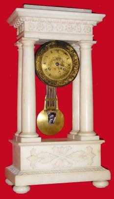 C.1850, French, 4-Column Empire style clock in a white alabaster portico case. — Antique Clocks Price Guide