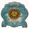 C.1898, William L. Gilbert Clock Co., "No. 411", 8-day time/strike porcelain mantel clock, with open escapement on dial. 