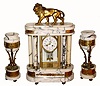 C.1900, French, Large clock set, Brass and marble crystal regulator with side garnitures. 