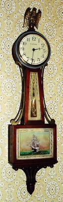 C.1925, Waltham Watch Co., Mini Lever Banjo, stem wind, 8-day movement, with clipper ship tablet. — Antique Clocks Price Guide