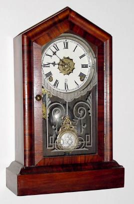 C.1881, William L. Gilbert Clock Co., "Advocate", 8-day time/strike/alarm shelf clock. — Antique Clocks Price Guide