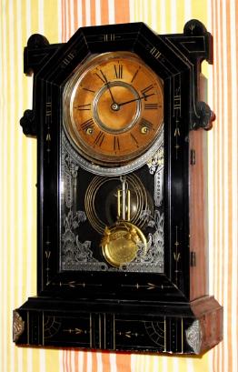 C.1885, William L. Gilbert Clock Co., "Jet", 8-day time/strike mantel clock. — Antique Clocks Price Guide