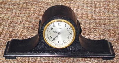 C.1920, Sessions, Mini Mahagony Tambour clock, time only, 30 hour, back wind. — Antique Clocks Price Guide