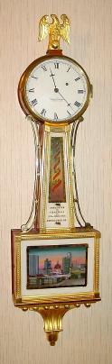 C.1984 [dated case], GRAND PRIZE, 1985 Nawcc National, Atlanta, GA, gold front presentation banjo with gilt wood eagle and tablet of the Atlanta skyline, produced by Foster Campos for S. LaRose, the presenter. — Antique Clocks Price Guide
