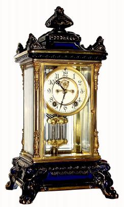 C.1914, Ansonia Clock Co., CRYSTAL REGULATOR No. 6, in cobalt blue with gold high lights. — Antique Clocks Price Guide