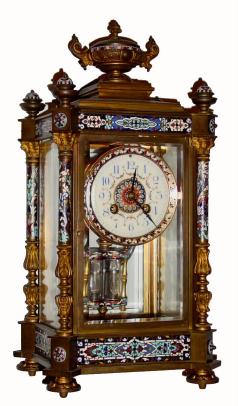 C.1900, French, Brass and Cloisonne 4-Glass mantel regulator with 2-vial mercury pendulum — Antique Clocks Price Guide