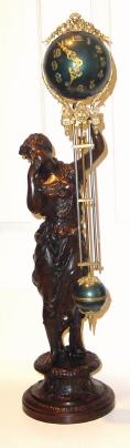 C.1895, Ansonia Clock Co., JUNO SWING clock, patinated spelter statue of goddess Juno, holding aloft ball swing clock that moves with no apparent impulse. — Antique Clocks Price Guide