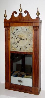 C.1825, Jerome, Darrow and Co., 30-hour time/strike wood movement reeded pilaster and scroll top shelf clock. — Antique Clocks Price Guide