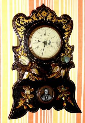 C.1845, J. C. Brown, Forestville, Conn, Mop decorated iron front, 8-day time and strike. — Antique Clocks Price Guide
