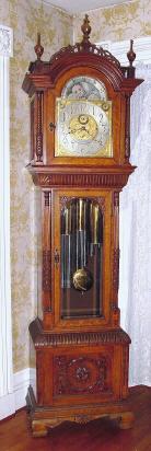 C.1900, Walter H. Durfee for Tiffany and Co., New York, oak cased 3-weight tall clock with 9 tubular bells, also marked with Durfee patent info. Plays your choice of Westminster or 9-bells (Whittington) on the quarter hours. — Antique Clocks Price Guide