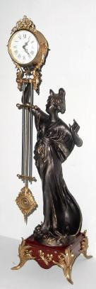 C.1890, French, Guilmet, Paris, Swinging Arm Clock, patinated spelter statue on red marble base. — Antique Clocks Price Guide