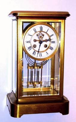 C.1900, French, Brass and Glass crystal regulator, 8-day gong strike, with open escapement on dial. — Antique Clocks Price Guide