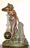 C.1880, French, "Upside-Down Mystery" timepiece, held aloft by a patinated spelter statue of a lady looking pensively into a pond.