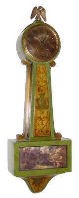 C.1929, William L. Gilbert Clock Co., "No. 3786", 8-day time/strike, tole painted banjo clock. — Antique Clocks Price Guide