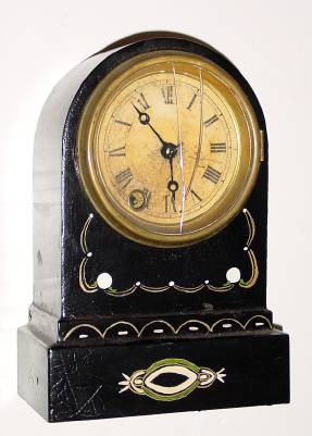 C.1870, Terry Clock Co, Waterbury, Conn, 8-day timepiece, repainted black iron case. — Antique Clocks Price Guide
