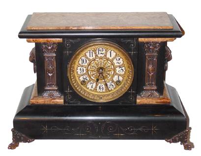 C.1896 (dated), Seth Thomas ADAMANTINE mantel clock, 8-day time and strike, black with tan faux marble accents and metal trimmings. — Antique Clocks Price Guide