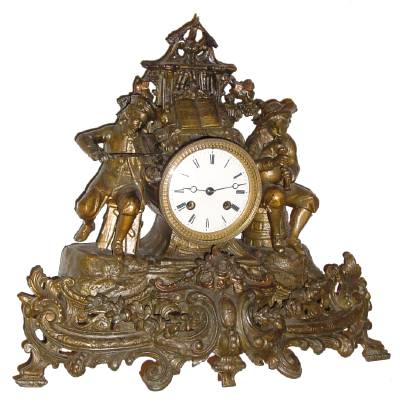 C.1900, French, Patinated Spelter Figural clock, 8-day, time and bell strike: two musicians, Fiddler and Flautist. — Antique Clocks Price Guide