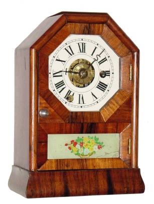 C.1870, Seth Thomas Clock Co., "Octagon Top C", 30-hour time/alarm cottage timepiece, OG base. — Antique Clocks Price Guide