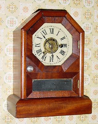 C.1870, Seth Thomas, Thomaston, COTTAGE D, 1-Day, time and alarm mini cottage clock, in mahogany. — Antique Clocks Price Guide
