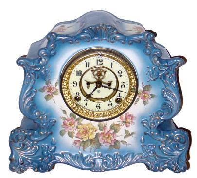 C.1901, Ansonia Clock Co., "Recluse", 8-day time and strike porcelain mantel clock, open escapement. — Antique Clocks Price Guide