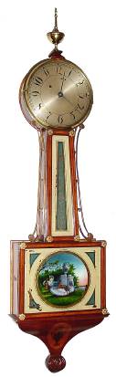 C1830, Boston area Unsigned Weight Banjo, cross banded and inlaid mahogany case, and with old and unique hand painted tablets with lyre player in garden scene. — Antique Clocks Price Guide