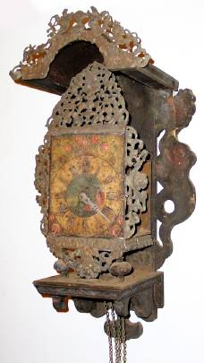 C.1810, Dutch, Stuhl Clock, 30 hour, from a barn in Bloomfield, CT. The lady phoned Chris at the museum and said she had an old clock that had been hanging in her barn for decades. — Antique Clocks Price Guide
