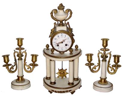 C.1890, French, Japy, White Marble and ormolu portico clock with candelabras, 8-day, bell strike. — Antique Clocks Price Guide