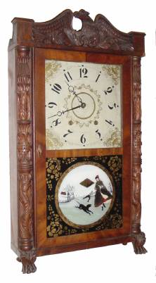 C.1832, Eli Terry and Son, Plymouth, Conn, short drop mahogany carved case, 2-wt, wooden works. — Antique Clocks Price Guide