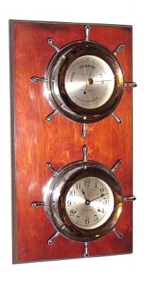 C.1965, German, for Seth Thomas, Ship's Bell clock and barometer set, mounted on a mahogany stained pine board. — Antique Clocks Price Guide