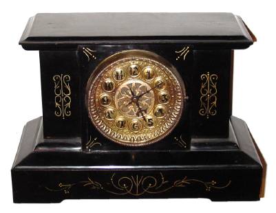 C.1890, New Haven FORTUNA, 8-day time/strike, enameled iron mantel clock, with embossed brass dial and fancy center. — Antique Clocks Price Guide