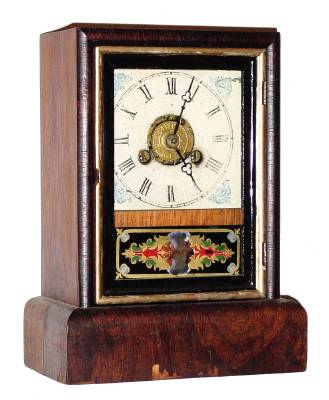 C.1870, Jerome and Co., (New Haven Clock Co), 30 hour time and alarm cottage clock, mahogany and rosewood. — Antique Clocks Price Guide